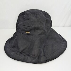 Vintage Scala Womens Wide Brim Sun Hat Size 6 3/8 Black Cotton Drawstring Bucket